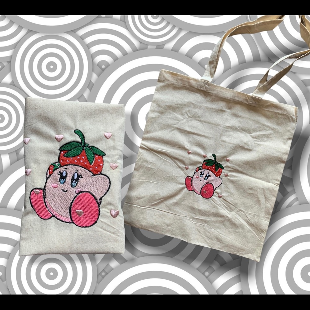 Cute Kirby strawberry theme 6oz tote bag
